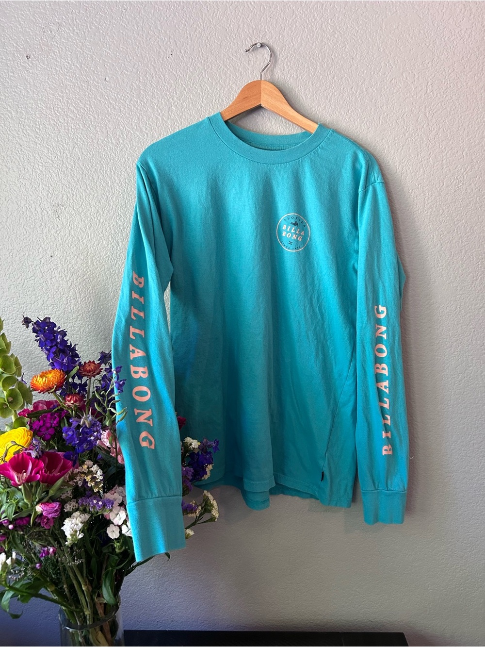 Billabong Teal Graphic Logo Long Sleeve Shirt Size Large